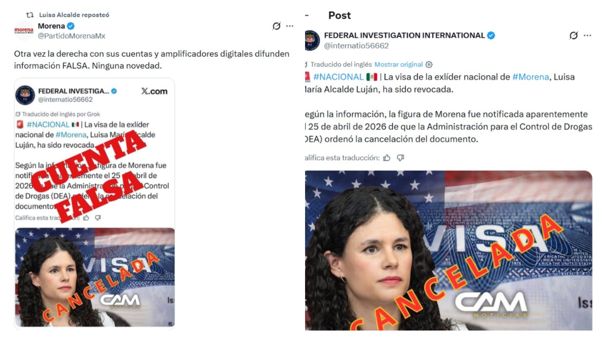 Morena afirmó que Estados Unidos no le ha retirado su visa a Luisa María Alcalde. | X- Morena / X- Federal Investigation International