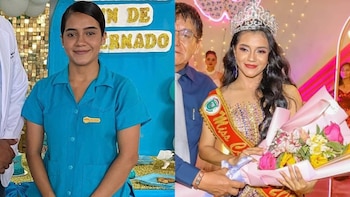 Fotografía doble de una mujer vestida con uniforme médico a la izquierda y luciendo una corona y una banda de certamen a la derecha