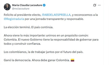María Claudia Lacouture, presidenta ejecutiva de AmCham Colombia, anotó que ganó la democracia - crédito @mclacouture/X