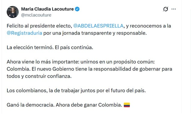 María Claudia Lacouture, presidenta ejecutiva de AmCham Colombia, anotó que ganó la democracia - crédito @mclacouture/X