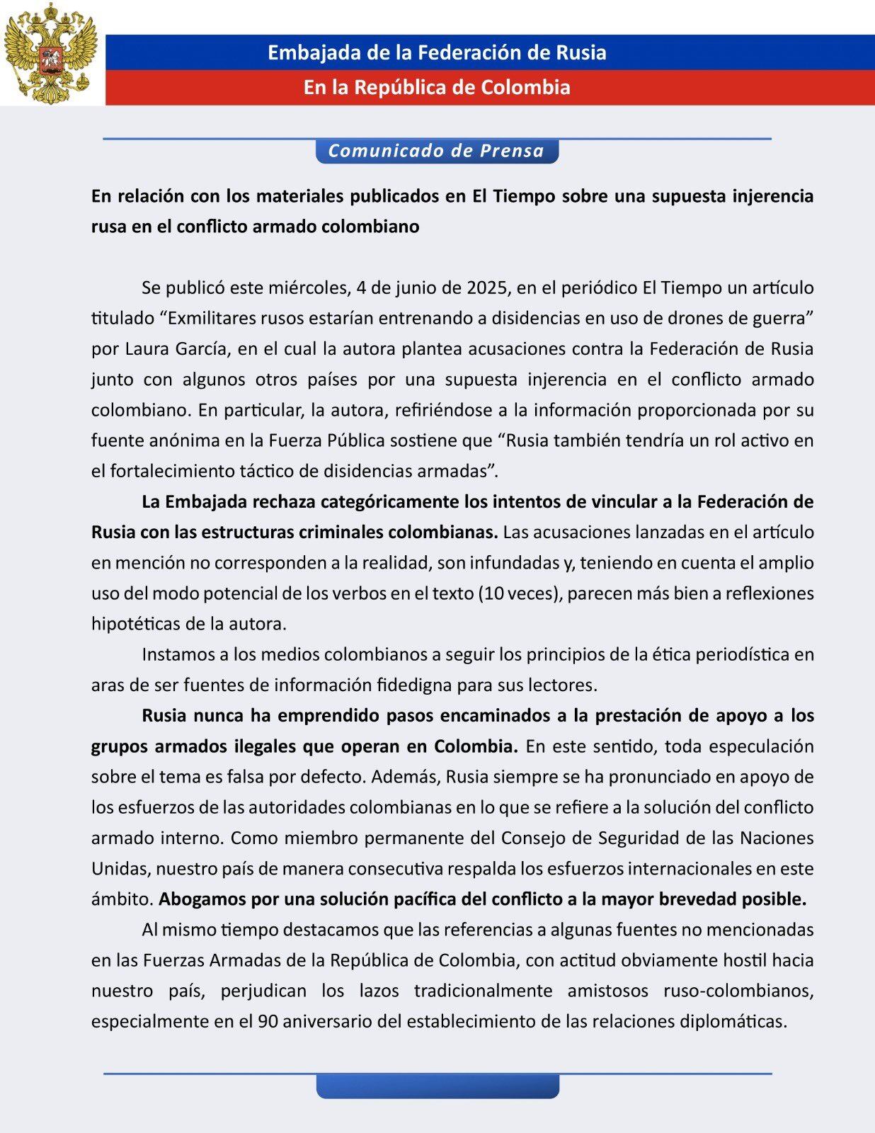 La embajada rusa calificó de infundadas las acusaciones sobre exmilitares rusos involucrados en el conflicto armado en Colombia - Embajada de Rusia en Colombia
