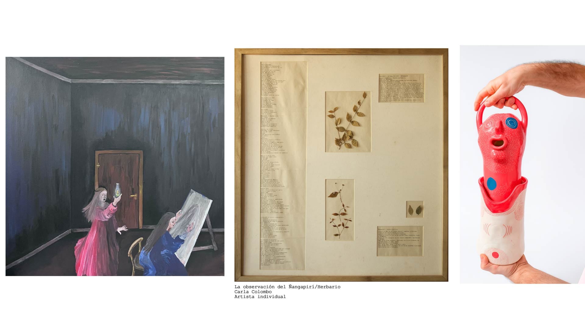 Algunos de los artistas del Solo Show: una pintura de Paula Cardozo, un herbario de Carla Colombo y una escultura silbador de Miguel Ruiz Guinard