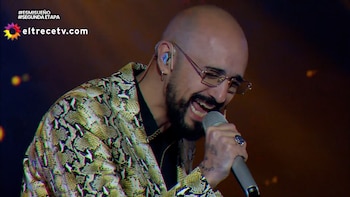 Hombre calvo y barbudo con gafas, vestido con una chaqueta de estampado de piel de serpiente, sujetando un micrófono y sonriendo mientras canta