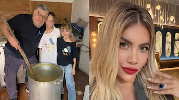 Foto horizontal partida: a la izquierda, un hombre con dos niños junto a una olla grande; a la derecha, primer plano de Wanda Nara con cabello rubio, labios rojos y un anillo azul.