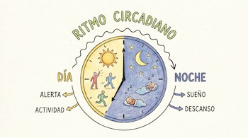 Ilustración de un reloj del ritmo circadiano con mitad amarilla para el día (sol, personas activas) y mitad azul para la noche (luna, personas durmiendo).