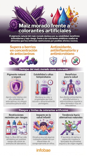 Infografía que compara maíz morado con colorantes artificiales, mostrando mazorcas, gotas de pigmento, frascos de Rojo 3 y Rojo 40, ratón de laboratorio, niña y carrito de compras.