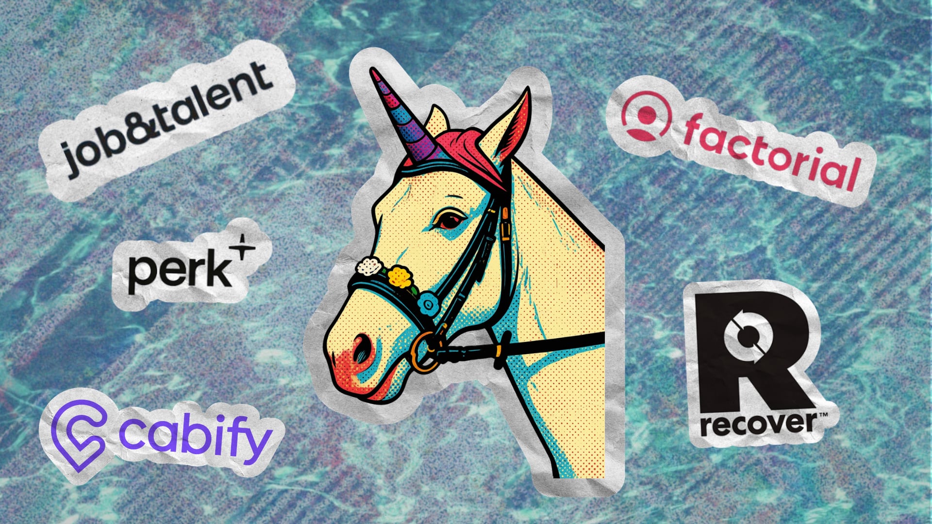 Composición fotográfica de un unicornio y el logotipo de las cinco empresas españolas valoradas en más de mil millones de dólares (Infobae)