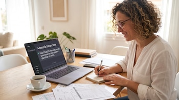 Mujer sonriente de pelo rizado y gafas escribe en un cuaderno junto a un portátil mostrando ChatGPT sobre finanzas, documentos financieros y una taza de café.
