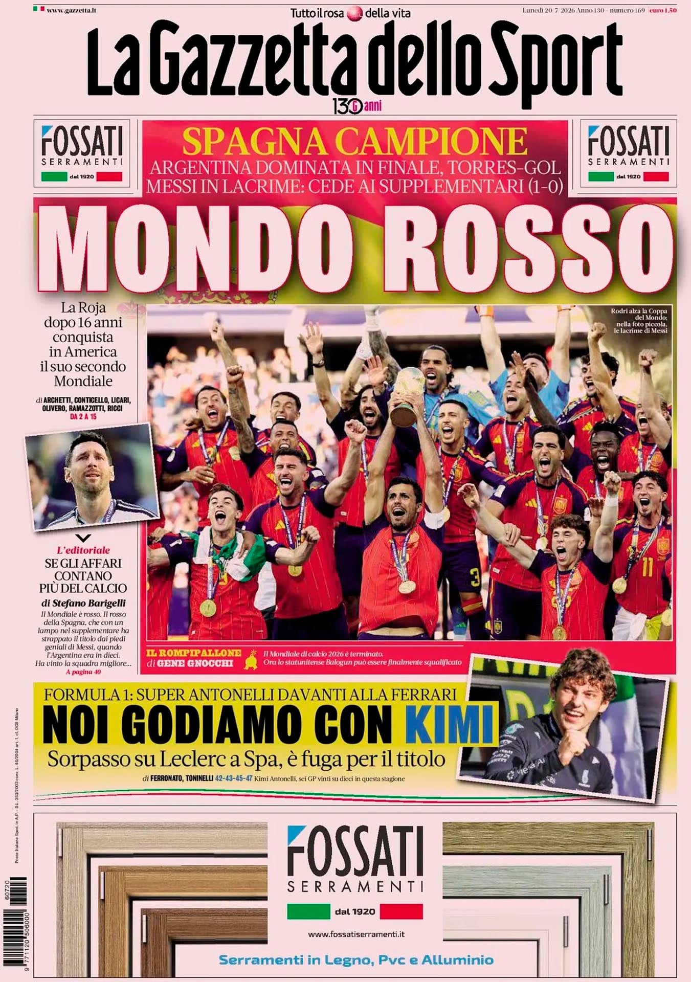 La portada de La Gazzetta dello Sport del 20 de julio de 2026 destaca la victoria de España en el Mundial de Fútbol.