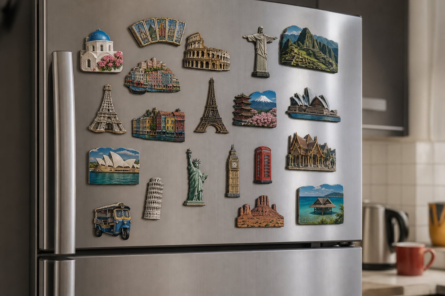 Varios imanes con representaciones de monumentos y paisajes de diversos países cubren la puerta metálica de un refrigerador. (Imagen Ilustrativa Infobae)