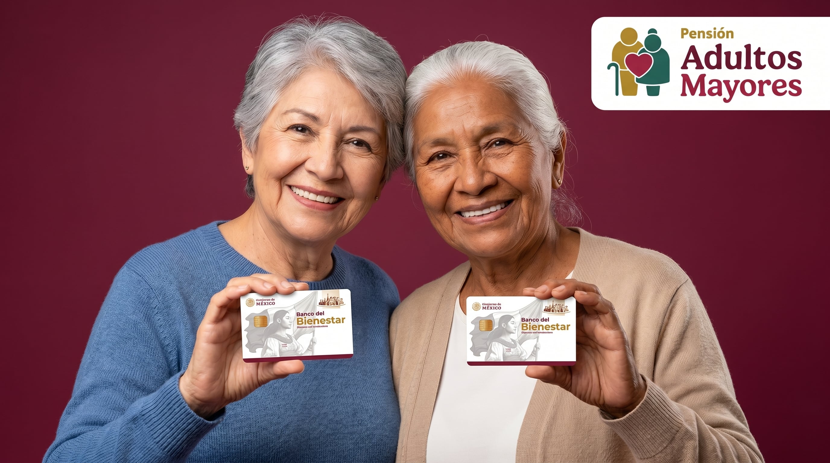 Dos mujeres mayores sonríen con sus tarjetas de débito del Banco del Bienestar, representando a los beneficiarios de la Pensión Adultos Mayores del Gobierno de México. (Imagen Ilustrativa Infobae)