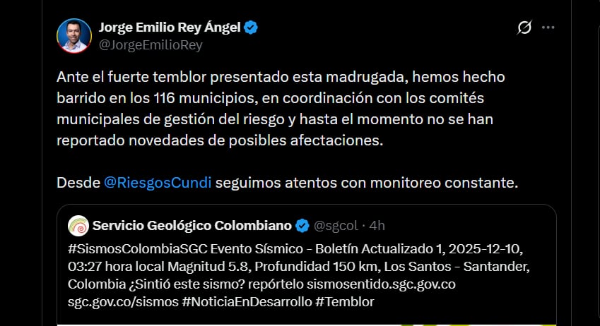 Reacción de Jorge Emilio Rey Ángel sobre el temblor de magnitud 5,8 en Colombia - crédito X