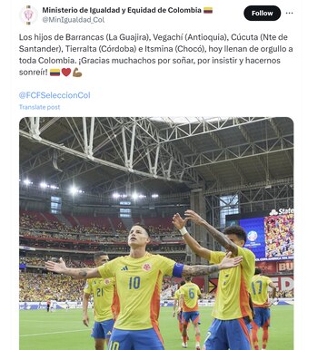 Ministerio de la Igualdad agradeció a la selección Colombia - crédito @MinIgualdad_Col/X