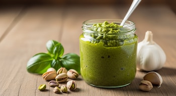 Un bote de vidrio sin etiqueta lleno de pesto de pistacho verde cremoso con una cuchara. Al lado hay hojas de albahaca, pistachos y ajos en una mesa de madera.