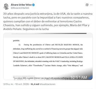 El expresidente Uribe compartió su mensaje vía X la madrugada del sábado 10 de octubre de 2026 - crédito @AlvaroUribeVel/X