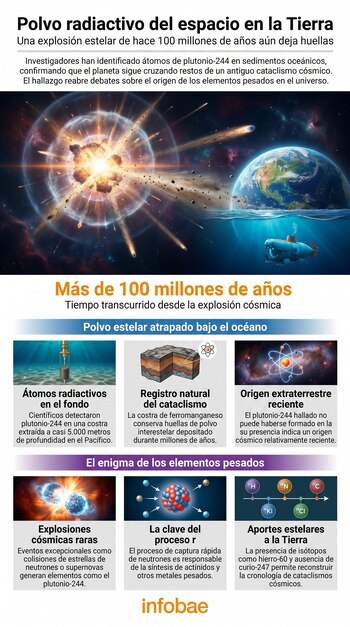 Infográfico muestra una explosión estelar masiva, la Tierra con un submarino bajo el océano y detalles sobre polvo radiactivo cósmico.