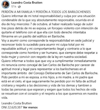 Costa Brutten publicó un texto en donde asume la responsabilidad por lo ocurrido y presenta su renuncia ante el Concejo Deliberante de Bariloche