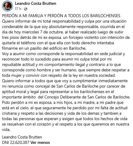 Costa Brutten publicó un texto en donde asume la responsabilidad por lo ocurrido y presenta su renuncia ante el Concejo Deliberante de Bariloche (Leandro Costa Brutten)