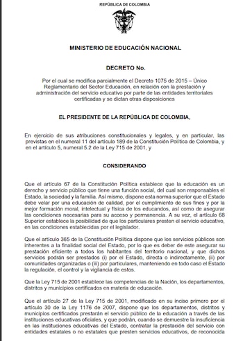 El Ministerio de Educación presentó un proyecto de decreto que modifica el Decreto 1075 de 2015 y redefine la contratación del servicio educativo en Colombia - crédito Sucop