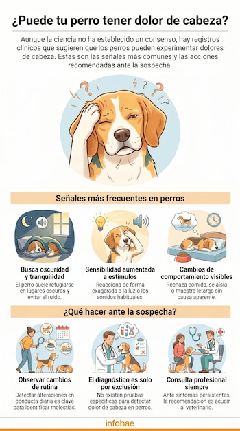 Infografía que ilustra a un perro con dolor de cabeza. Muestra síntomas como sensibilidad a la luz y sonido, y la consulta veterinaria para su detección.