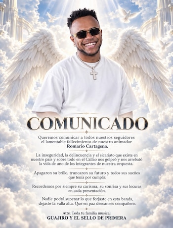 Cartel con la foto de un hombre sonriente con alas de ángel sobre un fondo de nubes y el texto de un comunicado fúnebre