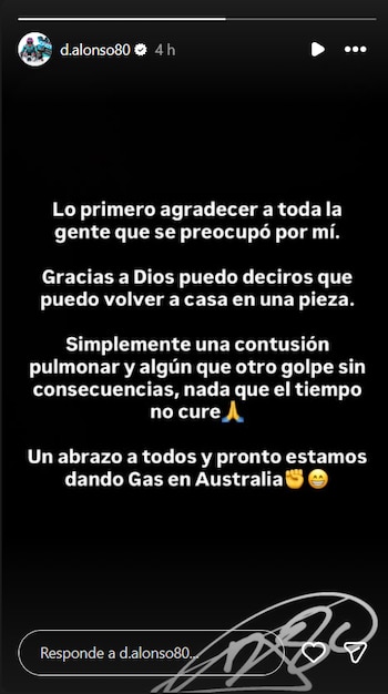 Post de David Alonso dando un parte de tranquilidad y confirmando su próxima carrera - crédito Instagram