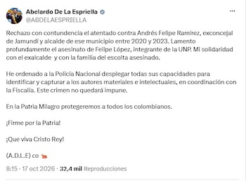 El presidente Abelardo de la Espreilla rechazó el atentado a través de su cuenta de X y expresó sus condolencias a la familia de López y al exalcalde de Jamundí, quien gobernó el municipio entre 2020 y 2023 - crédito @ABDELAESPRIELLA/X