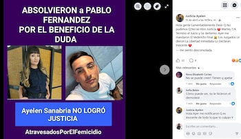 Captura de pantalla de una publicación en español. Muestra un gráfico morado con fotos de Ayelen Sanabria y Pablo Fernandez, y texto sobre un veredicto judicial