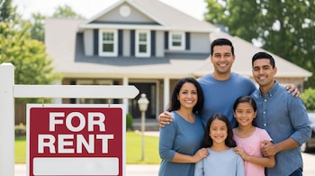 Una familia sonriente de cuatro (dos adultos, dos niñas) posa frente a una casa residencial gris claro, con un cartel rojo y blanco de 'FOR RENT' a la izquierda.