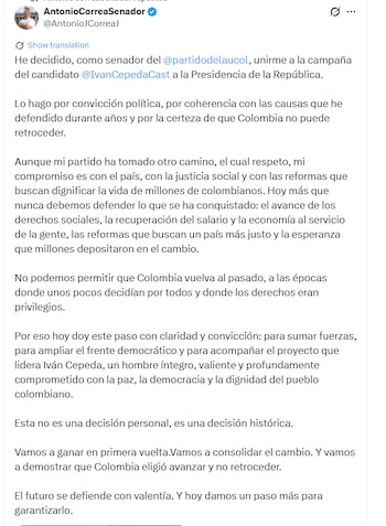 El congresista expresó que su compromiso está orientado hacia la justicia social, las reformas y la defensa de los derechos sociales- crédito @AntonioJCorreaJ/X