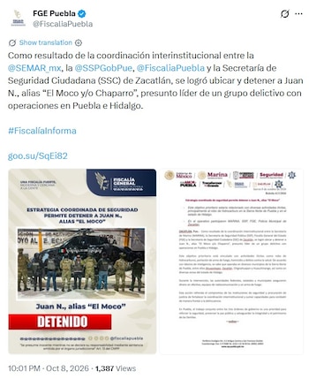 El sujeto era considerado un objetivo prioritario. (X @FiscaliaPuebla)