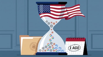 Reloj de arena con bandera de Estados Unidos, logotipos de OpenAI, Anthropic, Google, Meta, sello presidencial, carpeta y calendario con la fecha 1 de agosto.