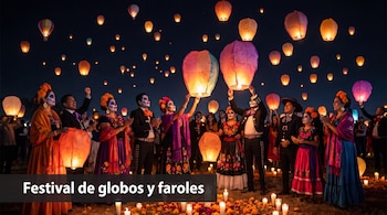 Grupo de personas con trajes típicos mexicanos y pintura facial de calavera sostienen linternas de papel encendidas ante un cielo nocturno.