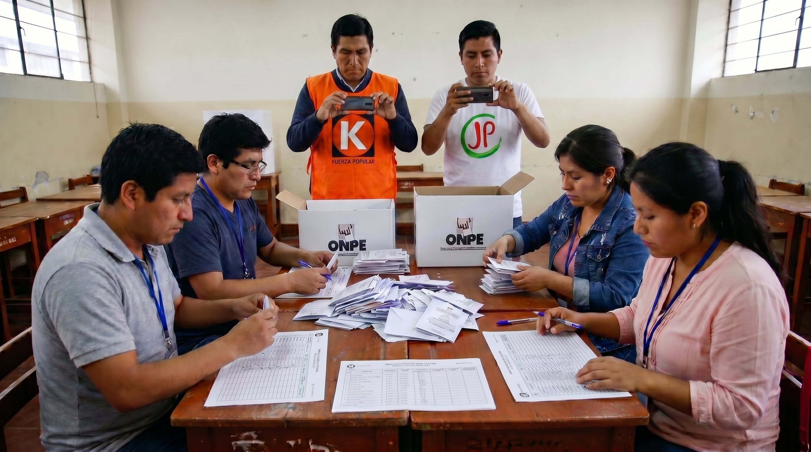 Observadores de partidos políticos usan smartphones para documentar el proceso de recuento de votos, mientras miembros de mesa organizan y registran los sufragios en un centro electoral peruano. (Imagen Ilustrativa Infobae)