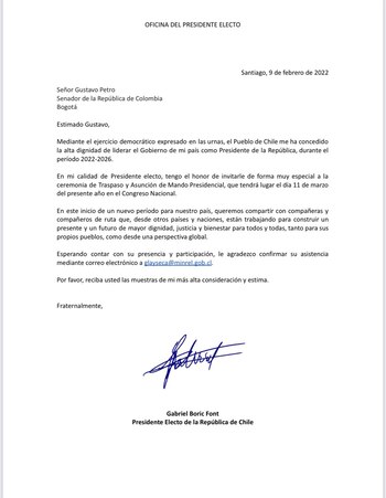 Invitación de Gabriel Boric a
