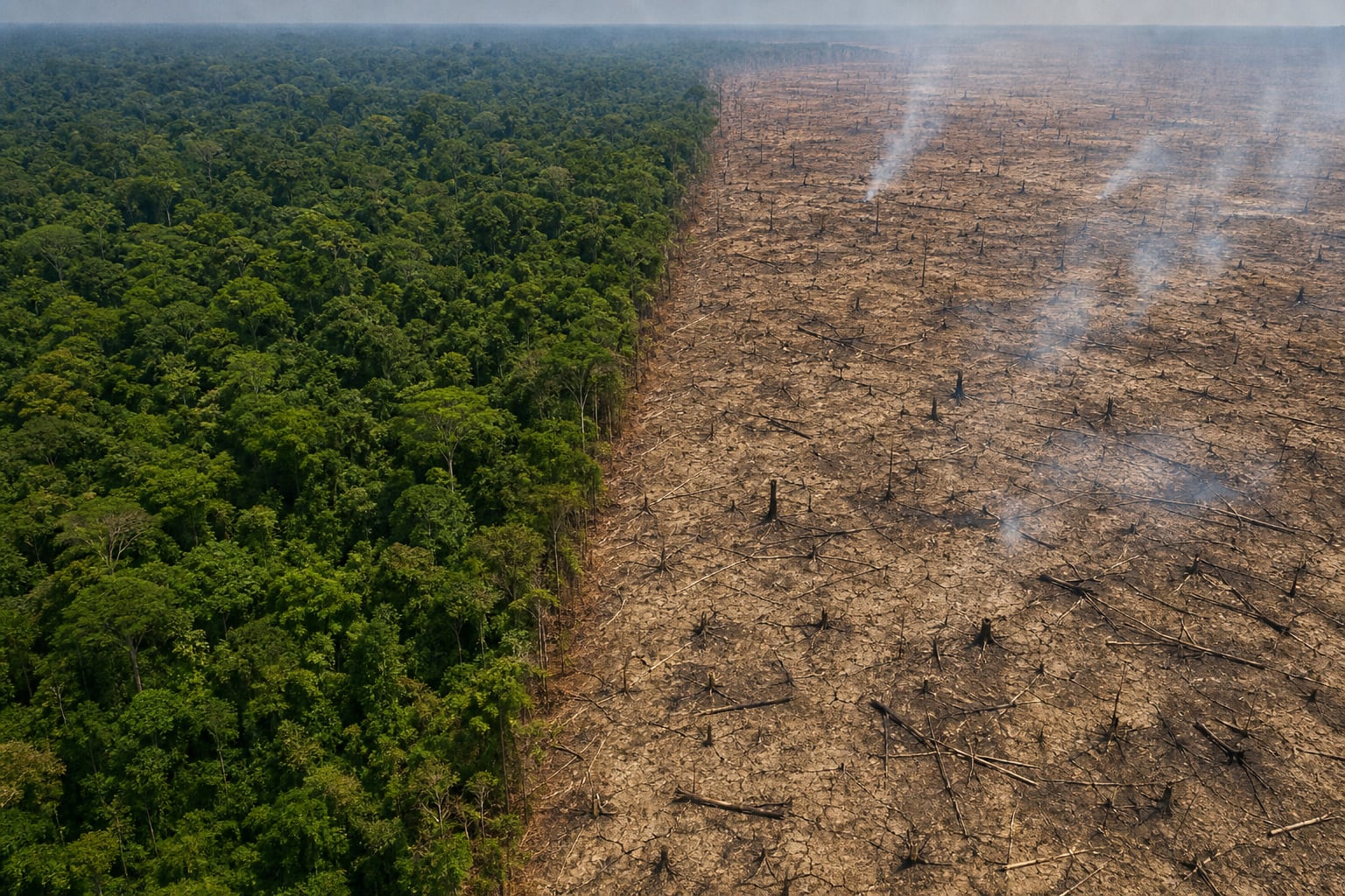 Un área de bosque tropical denso colinda directamente con un terreno deforestado y quemado. (Imagen Ilustrativa Infobae)