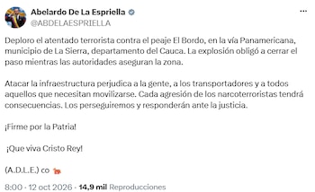 Abelardo de la Espriella condenó atentado contra el peaje El Bordo en Cauca - crédito @ABDELAESPRIELLA/X