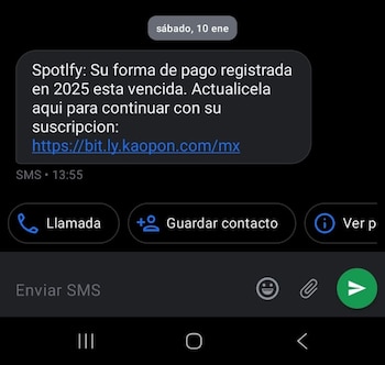 Mensaje de texto fraudulento que