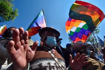 Militantes del partido de Gobierno, Movimiento al Socialismo (MAS), participan en un acto de "desagravio" a la bandera indígena wiphala, hoy, en La Paz (Bolivia). EFE/ Stringer