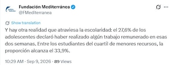 Captura de pantalla de un mensaje publicado en redes sociales por la cuenta oficial de la Fundación Mediterránea