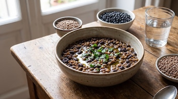 Un tazón de frijoles negros y lentejas cocidos con hierbas en una mesa de madera, junto a recipientes con frijoles y lentejas secos y un vaso de agua.