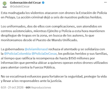 Cuatro granadas impactaron la estación de Policía de Pelaya y dejaron seis heridos - crédito @GobdelCesar/X
