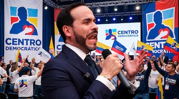 Hombre con traje y barba hablando en un micrófono. Detrás, una multitud de personas con banderas de Colombia y el partido Centro Democrático y pancartas.
