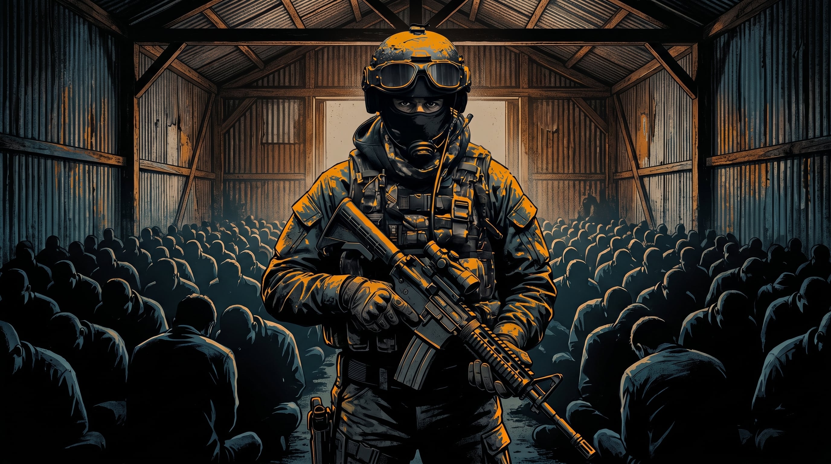 Un hombre armado con equipamiento táctico y fusil vigila a decenas de personas retenidas en el interior de un almacén de lámina. (Imagen Ilustrativa Infobae)