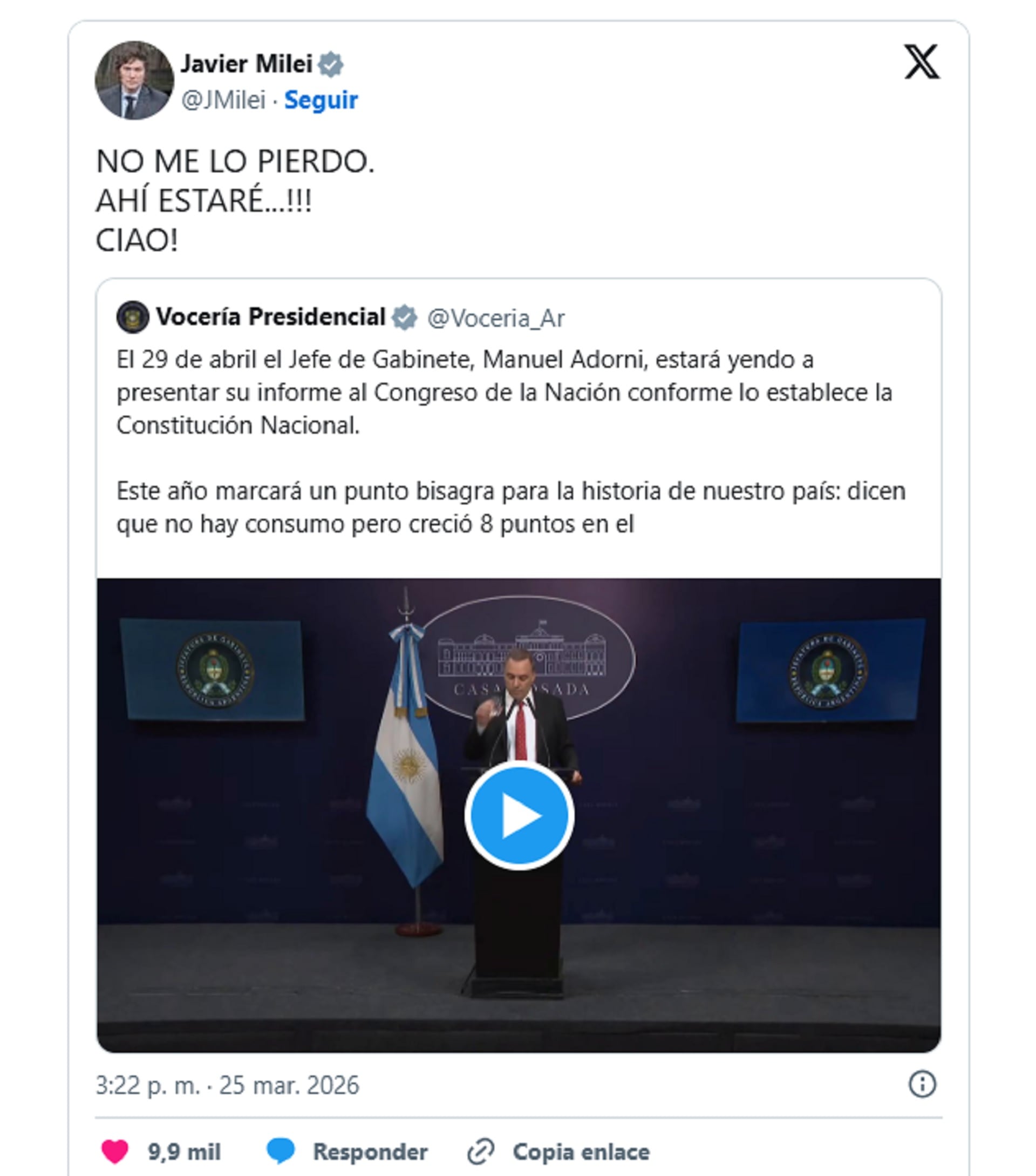 Javier Milei adelantó en X que estará presente durante el informe de gestión de Manuel Adorni