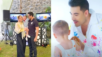 Collage con una mujer, un hombre y un niño en un jardín con pantallas; al lado, un hombre y un niño con ropa salpicada de pintura.
