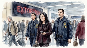 Ilustración en acuarela: Changli 'Sophia' Luo, una mujer asiática, escoltada por dos agentes del FBI uniformados en un aeropuerto, con "EXTORTION" en un cartel luminoso.