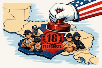 Un mapa de Centroamérica con Guatemala destacado; figuras de pandilleros de Barrio 18; una mano con la bandera de Estados Unidos estampa 'Terrorista' sobre el país.