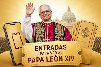 Un pontífice saluda junto a un teléfono móvil, boletos dorados y un letrero que dice Entradas para ver al Papa León XIV frente a una cúpula.