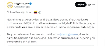 La Subdirección General del Sistema General de Regalías del Departamento Nacional de Planeación (DNP) expresó sus condolencias por el accidente aéreo en Putumayo - crédito @Regalias_gov/X